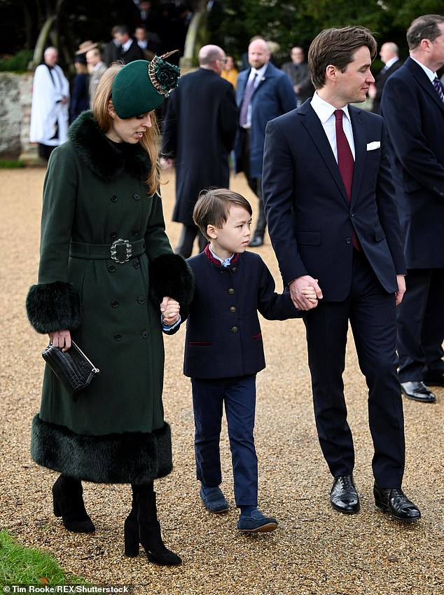 Beatrice and Edoardo with Wolfie, who Edo shares with ex-fiancée Dara Huang, before the Christmas service at Sandringham in December 2022