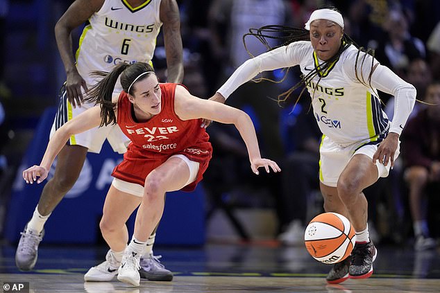 Clark, left, is robbed of the ball by Dallas Wings' Natasha Howard (6) and Odyssey Sims (2)