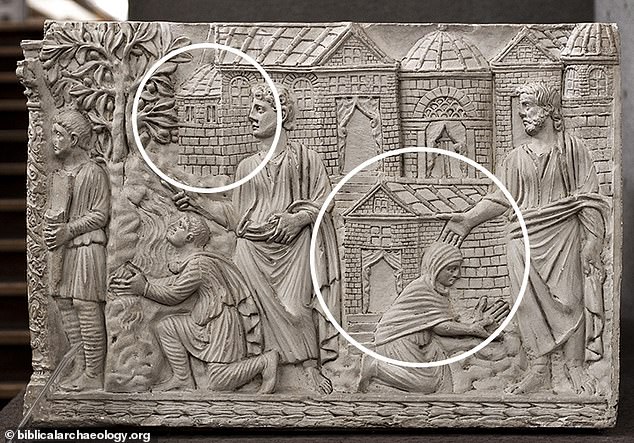 An artistic representation that appears to show the Upper Room (circled on the left) was discovered in a carving from a fourth-century sarcophagus. It shows the Son of God healing a woman or comforting Mary Magdalene after his resurrection.