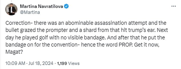 Navratilova repeated the debunked claim that Trump went golfing after the assassination attempt