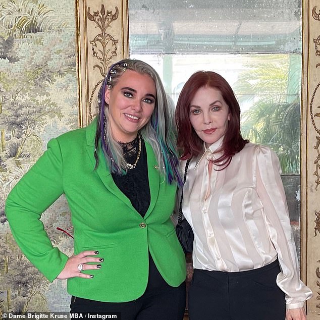 In a lawsuit obtained by DailyMail.com, the 79-year-old ex-wife of Elvis Presley alleges that Brigitte Kruse, Kevin Fialko, Vahe Sislyan and Lynn Walker Wright 'exploited her' - Kruse posed with Priscilla in an August 27, 2021 Instagram post advertising a luncheon on September 4, 2021 in Beverly Hills, California