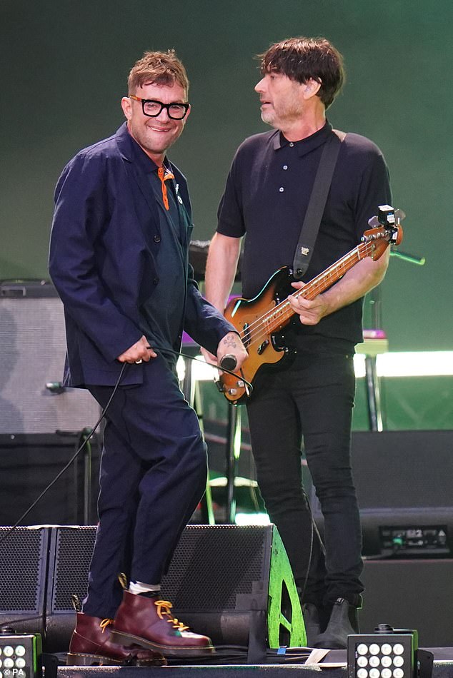 Damon Albarn and Alex James of Blur perform on stage at Wembley Stadium in London on July 8, 2023