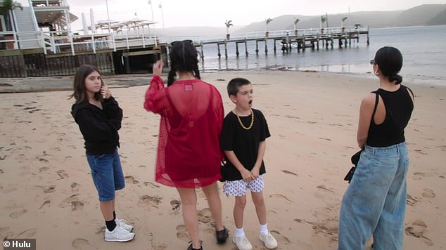 Kourtney arrived Down Under in February with her children Penelope, 11, and Reign, 9 (pictured with Kourtney and their nanny), and her baby boy Rocky, who was 3 months old at the time.