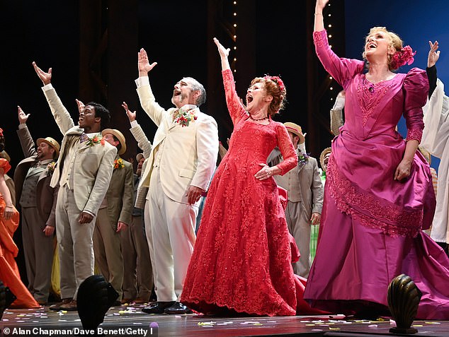 Tyrone Huntley, Andy Nyman, Imelda Staunton and Jenna Russell bow to applause during the press night screening at The London Palladium on July 18