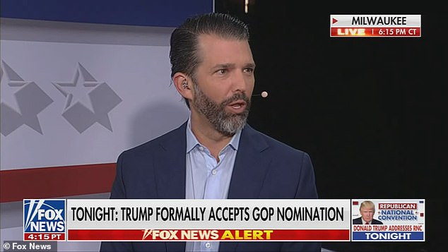 “Go away, you little assholes, and stay away,” Don Jr. jokes after Fox News host Laura Ingraham mentions how teenage boys and MAGA fans have been “swarming” Kai since her speech