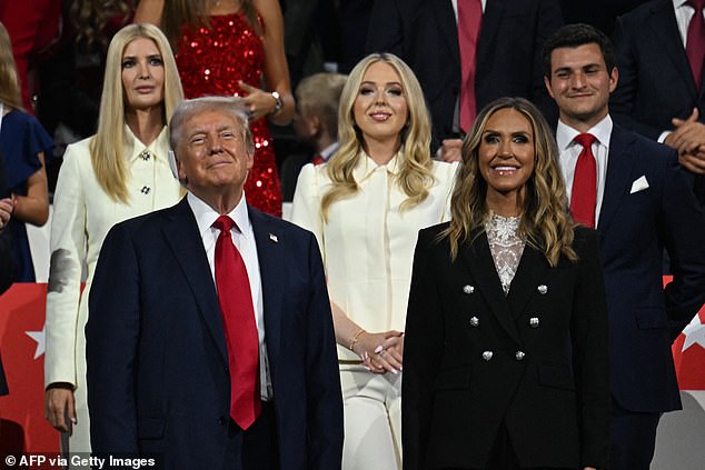 Former President and 2024 Republican presidential candidate Donald Trump (L) stands with Republican National Committee co-chair Lara Trump (R), (from top L) daughter Ivanka Trump, daughter Tiffany Trump and her husband Michael Boulos