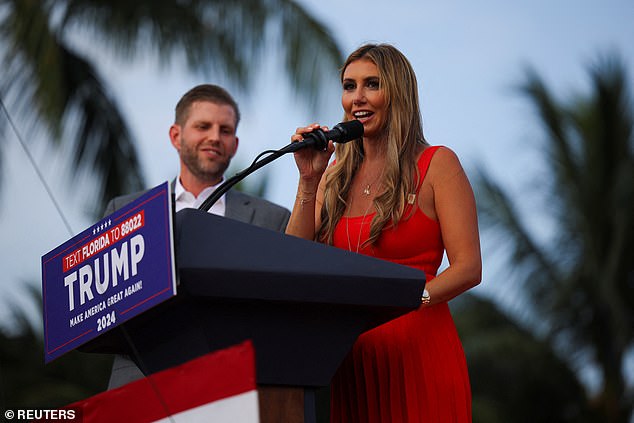 Habba speaks alongside Eric Trump at the former president's campaign rally in Doral, Florida on July 9