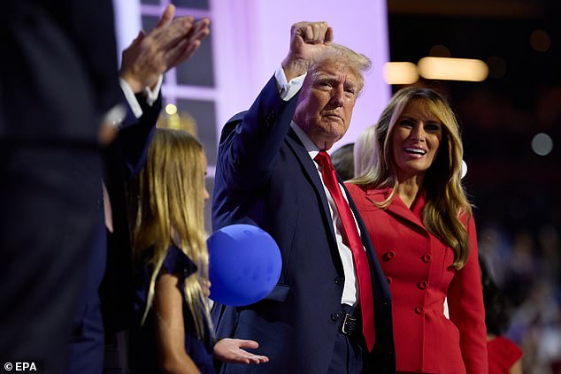 Republican presidential candidate Donald J. Trump and his wife Melania Trump onstage at the end of the fourth day of the Republican National Convention