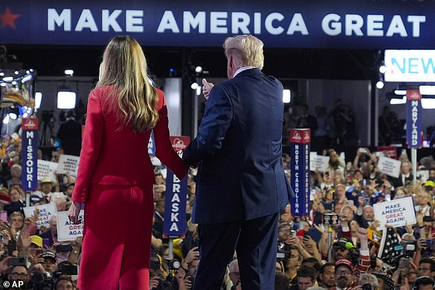 Republican presidential candidate and former President Donald Trump stands onstage with former first lady Melania Trump during the final day of the Republican National Convention