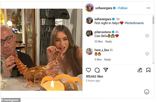 The two friends continued the act by posing again at their restaurant table with a huge lobster that was on the menu that evening: 'First night in Italy #fortedimarmi'