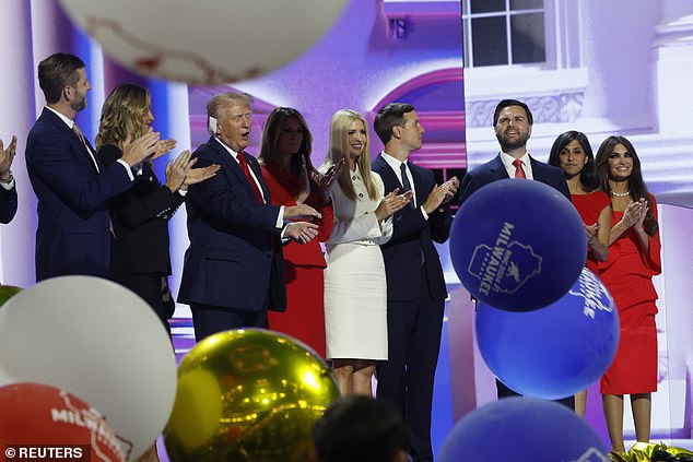 Republican presidential candidate and former US President Donald Trump is joined on stage by his wife Melania, other family members and Republican vice presidential candidate JD Vance