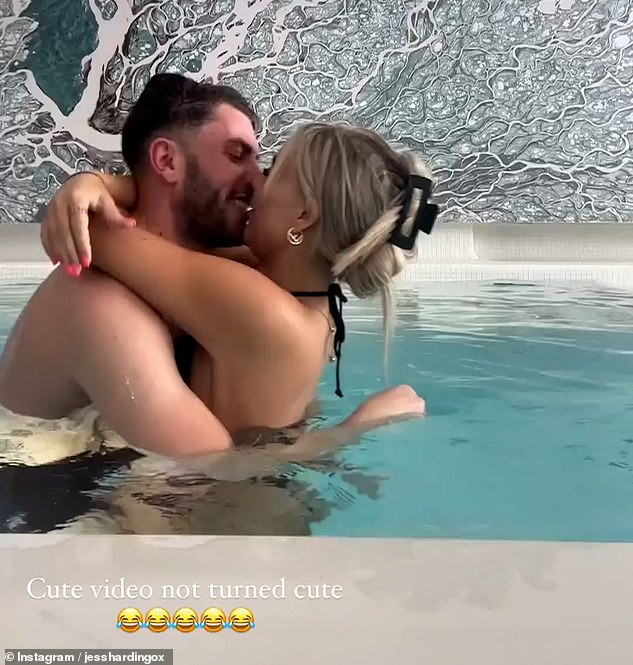 In a video posted to her Instagram Stories, the blonde beauty, with her hair pulled back in a claw clip, snuggles up to her mystery man as they splash around in the pool