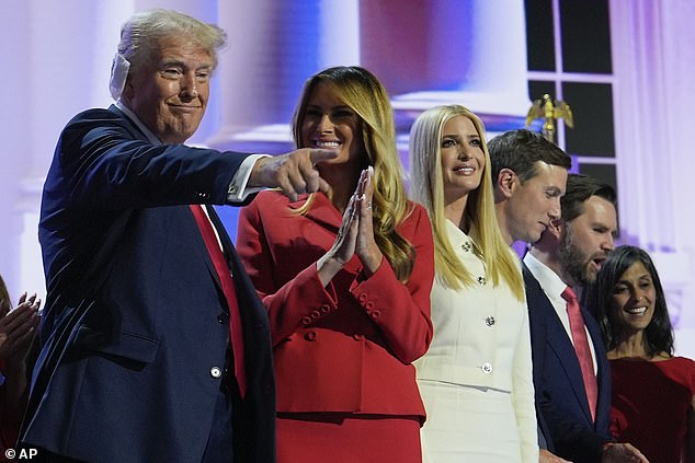 Donald Trump, left, stands onstage with Melania Trump, Ivanka Trump, Jared Kushner and Republican vice presidential nominee Sen. J.D. Vance