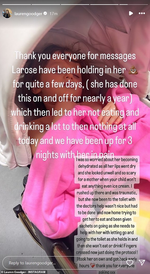 Later she continued her story and gave an update: 'Thank you everyone for the messages Larose has been holding in her (poo emoji) for a few days now'