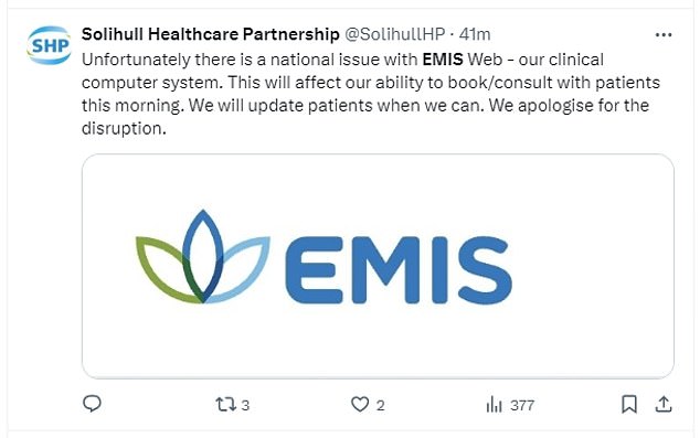 Another primary care provider, Solihull Healthcare Partnership, said the ability to book appointments would be affected by the EMIS outage