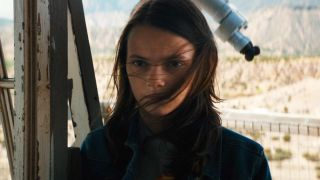 A close-up of Dafne Knee's Laura/X-23 in the 2017 Logan film