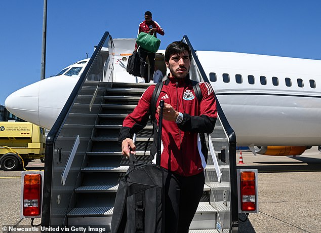 Tonali and his watch pictured on Monday after the Newcastle team landed in Germany