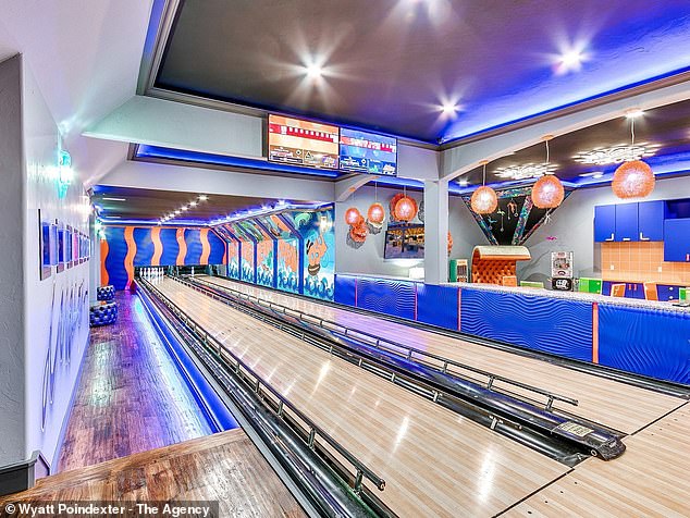 The bowling alley also has two lanes and plenty of space to put on bowling shoes and eat