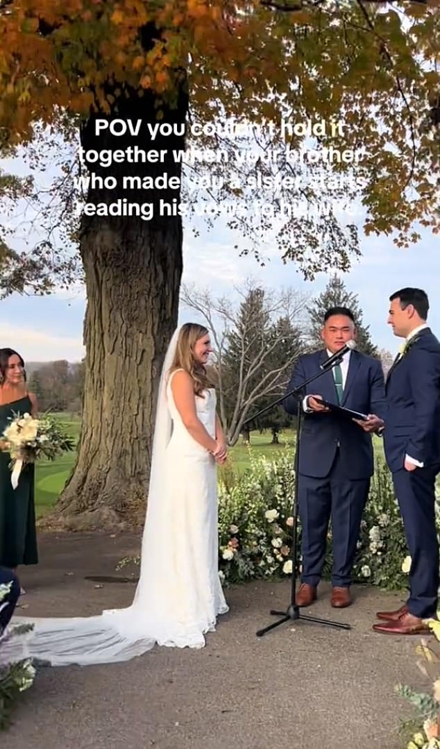 It shows the bride and groom in the middle of their vows, with the groom saying, 