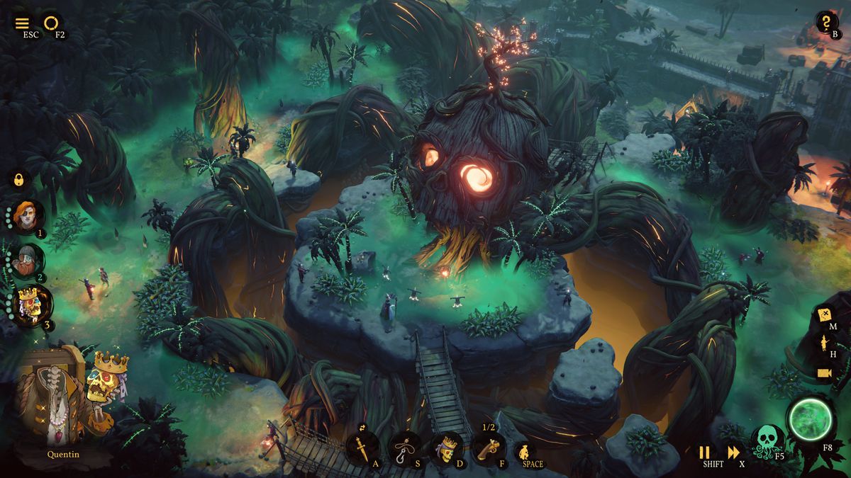 A screenshot from Shadow Gambit: The Cursed crew, showing an overview of Dreadvine Cove Island, with the vine-covered skull in the center of the map clearly visible.