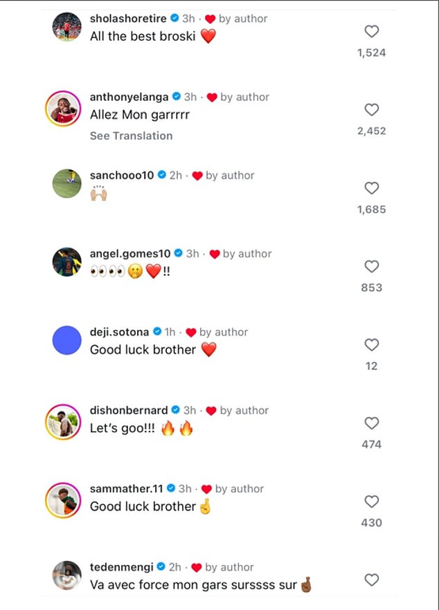 Some of Greenwood's former teammates left messages of support under his Instagram post