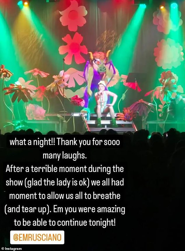 Em was then seen running down the aisle of the auditorium to comfort the stricken fan and calm down the crowd. Pictured: A fan posted this tribute to Em after the show