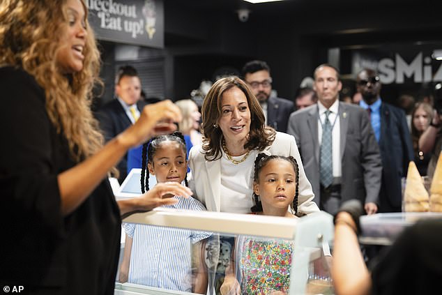 Vice President Kamala Harris attends the opening of a pop-up ice cream parlor by Tyra Banks