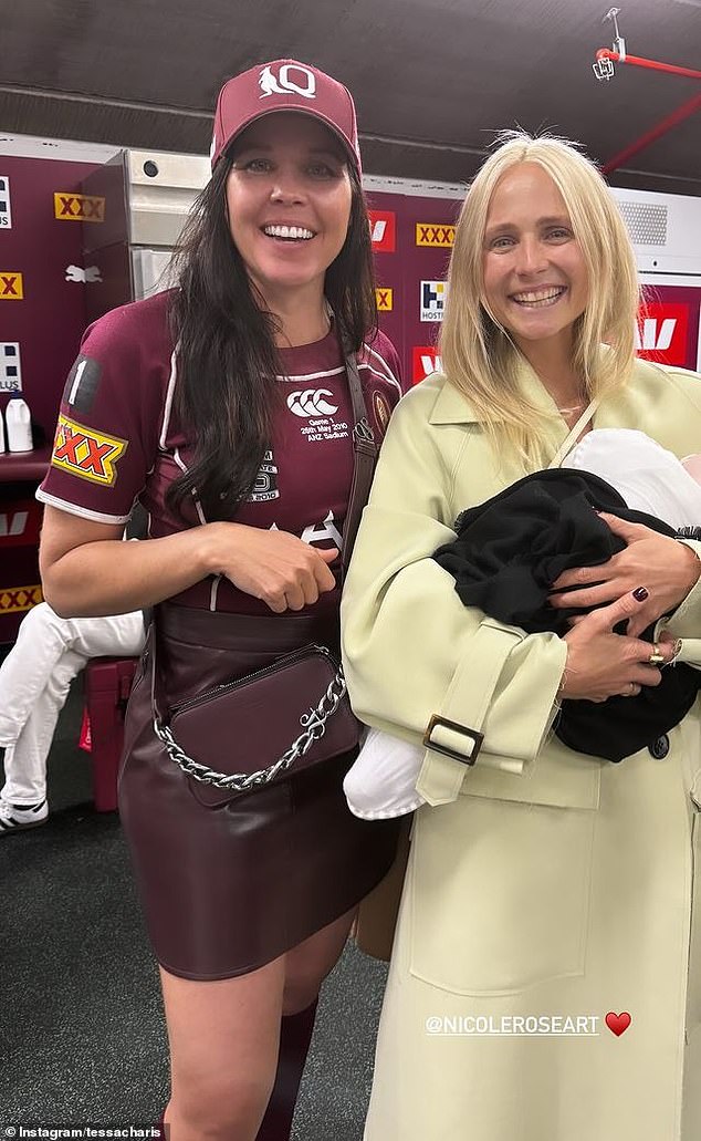 Tessa, 33, shared a photo on Instagram on Friday night in which she tenderly captured a baby wrapped in a blanket. The Home and Away star looked every bit the devoted mother as she posed alongside her NRL WAG Nicole Slater