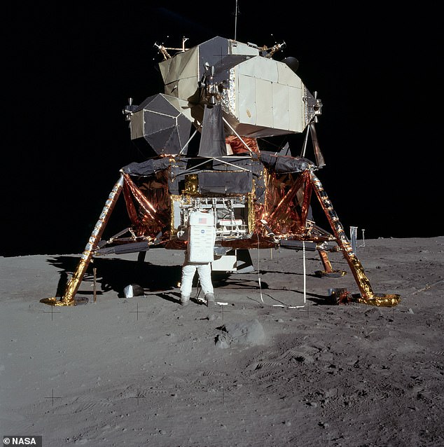 The men buckled into the service module Columbia, which also carried the lunar module Eagle (pictured) that would take Armstrong and Aldrin to the lunar surface