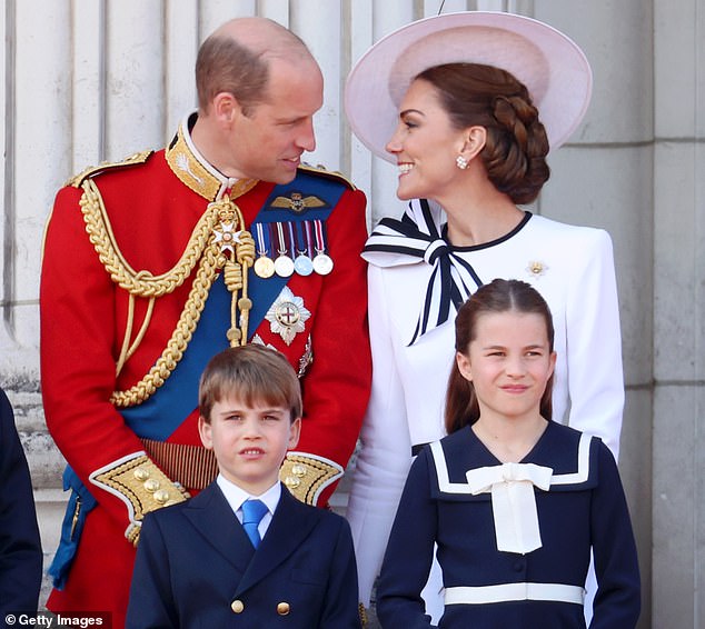 Pictured: The Prince and Princess of Wales with Princess Charlotte and Prince Louis at Trooping the Colour, the royal's first public appearance since her cancer diagnosis