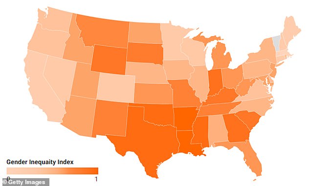 After the worst offenders — Arkansas, Louisiana and Oklahoma — Texas, Mississippi, Georgia, Indiana, South Carolina and Wyoming were found to have the least equal treatment of men and women of all U.S. states (above, a static version of the interactive map)