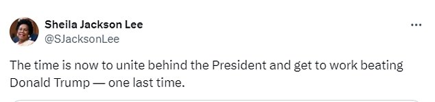 Hours before her family announced her death, Jackson Lee expressed her support for Biden through X, as a growing number of her congressional colleagues call on him to withdraw.