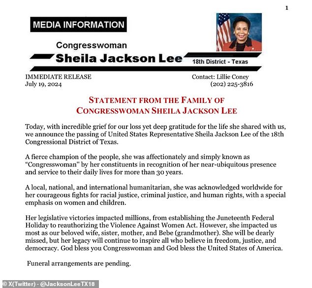 1721492642 22 Democratic congresswoman Sheila Jackson Lees final tweet posted just hours