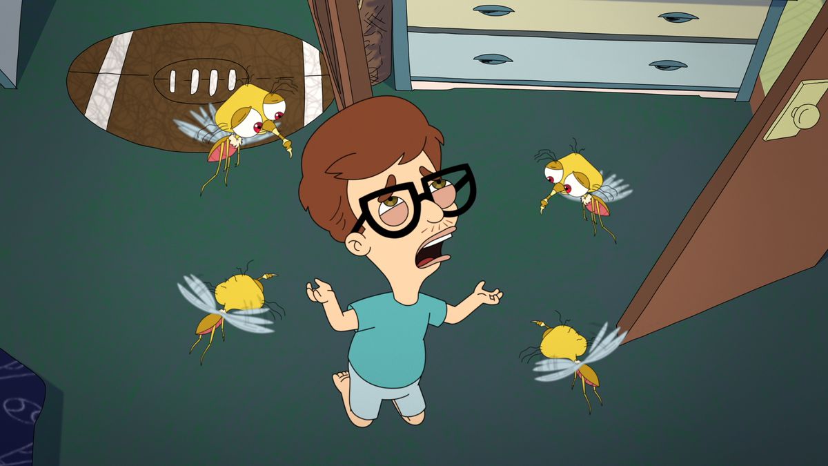 Andrew Glouberman, a brown-haired child wearing large black glasses, kneels in despair on his bedroom floor and stares at the ceiling as animated mosquitoes representing his fear surround him in season 4 of Big Mouth