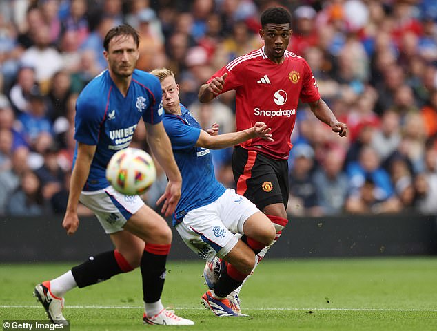 Amad Diallo (right) watches as his shot curls into the Rangers net