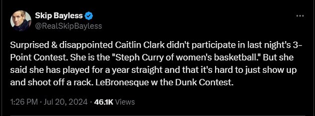 The 71-year-old NBA analyst even described Clark as the 'Steph Curry of women's basketball'