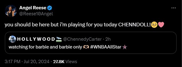 She responded to a post from her Sky teammate Chennedy Carter in which he fired shots at Caitlin Clark