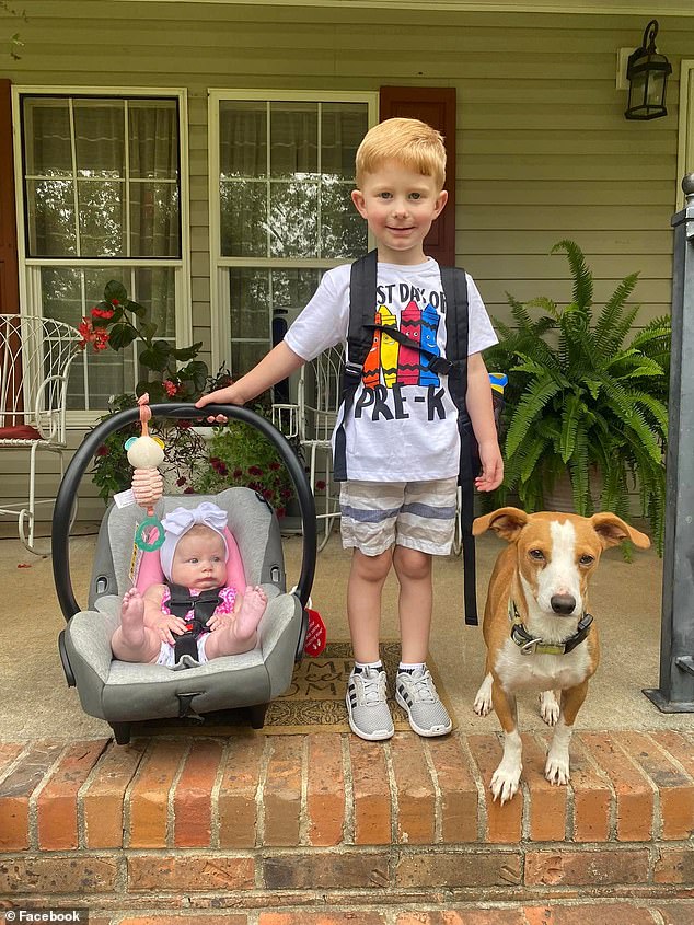 The shooting took place on his grandfather, a pastor,'s estate in rural Alabama (Kaleb pictured with his sister and family dog ​​on his first day of kindergarten)