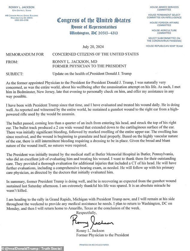 Jackson revealed that the Republican candidate had to undergo a CT scan of his head after the bullet hit his ear, and that his injury continues to show 