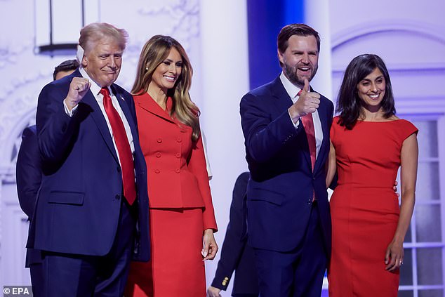 JD Vance and his wife Usha stood onstage with Donald Trump and former First Lady Melania at the conclusion of the Republican National Convention in Milwaukee on July 18