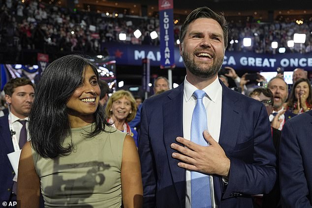 JD Vance and his wife Usha on the convention floor after he was announced as Trump's vice presidential pick on July 15, 2024