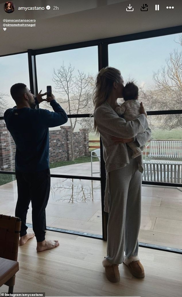 Amy shared a series of snaps and videos from the trip on Instagram, giving a glimpse into their relaxing weekend away in the countryside (Simone and Jono are pictured)