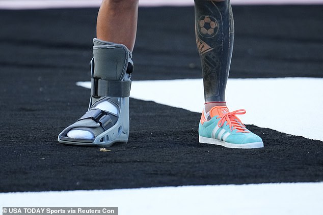 During an Inter Miami match, Messi wore a protective boot around his injured ankle