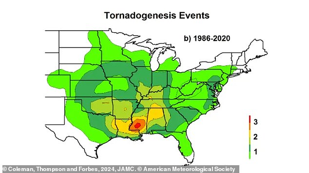 More tornadoes were recorded in the Midwest and Southeast between 1986 and 2020