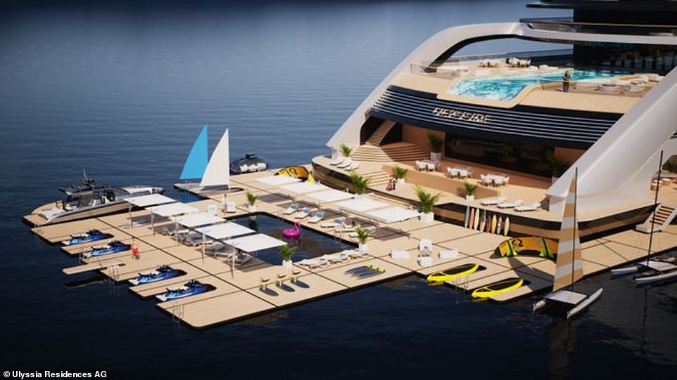 This imagining of what the finished boat might look like shows off several amenities, with plenty to keep guests entertained