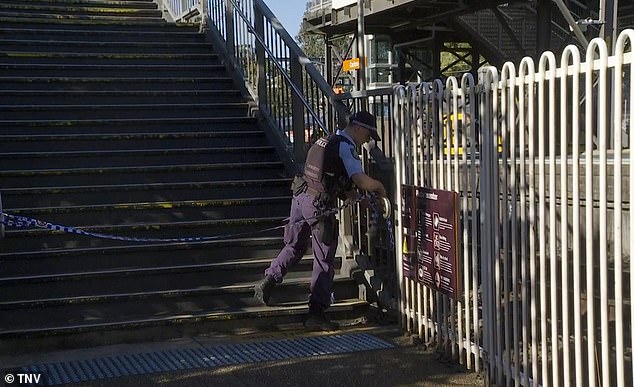 All passengers were evacuated before police established a crime scene (pictured) and suspended further services between Wolli Creek and Hurstville stations