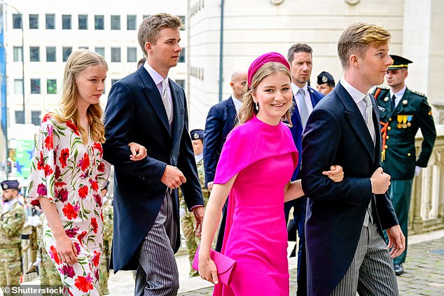 Princess Eleonore, 16, looked just as chic as her older sister in a red and white floral silk dress, while their brothers Emmanuel, 18, and Gabriel, 20, looked dapper in morning suits for the occasion