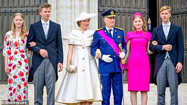 King Philippe, Queen Mathilde, Princess Elisabeth, Prince Gabriel, Prince Emmanuel, Princess Eleonore pose outside the Cathedral