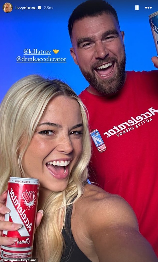 She is sponsored by Accelerator Active Energy (pictured with Travis Kelce), Vuori, Nautica, etc.