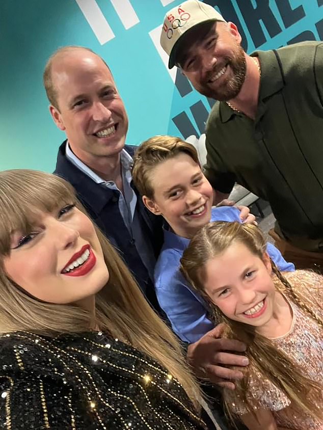 Prince William, Prince George and Prince Charlotte look overjoyed in a selfie with Taylor Swift and her boyfriend Travis Kelce ahead of her concert at Wembley Stadium last month. William brought his two eldest children to the sold-out show on his 42nd birthday